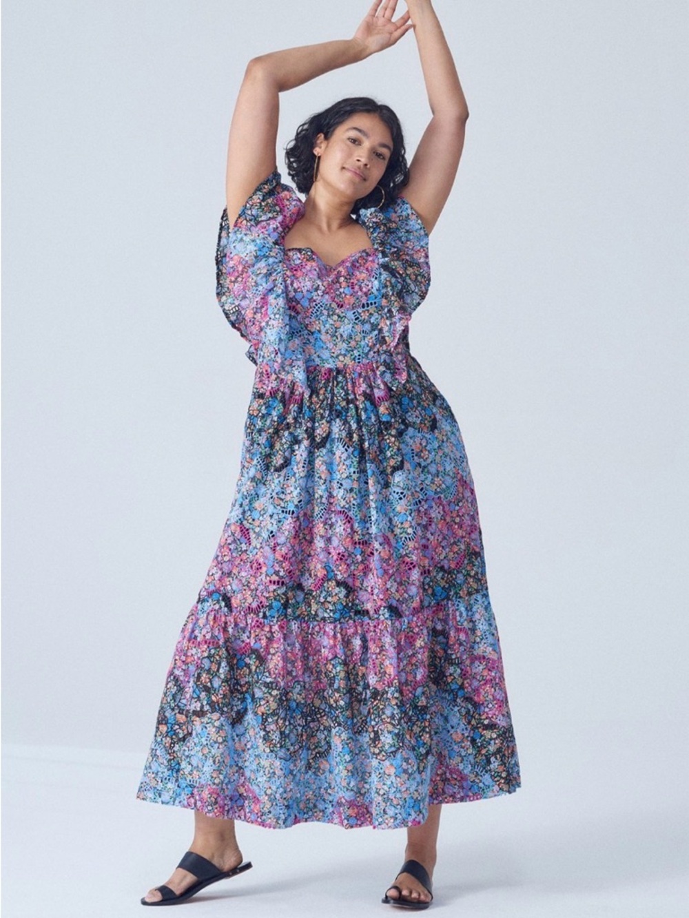Anthro Clementina Eyelet Maxi Dress Size L Boho Floral Tiered Smocked Embroidery